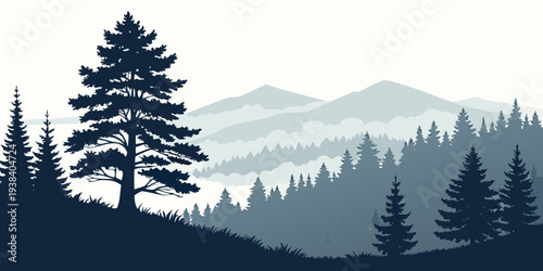 Majestic mountain landscape with dense forest and serene sky Vector