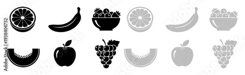 Simple icons of various fruits presented in black and white.