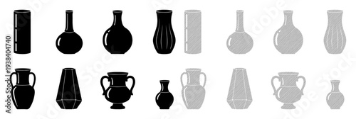 Collection of diverse decorative vases and pottery in black and gray against a white background
