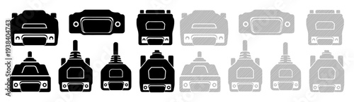 Collection of stylized car icons in black and gray, showing front and side profiles.