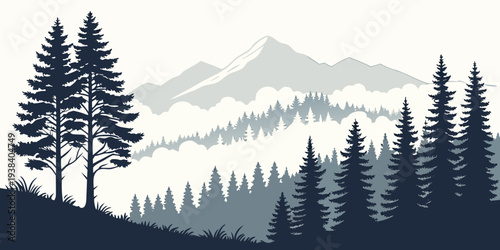 Majestic mountains and dense forest under a clear blue sky with fluffy clouds Vector