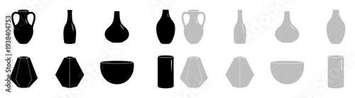 Collection of diverse ceramic vases and bowls in contrasting black and grey tones