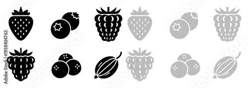 Collection of stylized berry icons including strawberries, blueberries, raspberries, and gooseberries.
