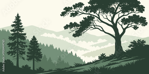 A serene landscape of tall trees and a majestic mountain under a clear sky. Vector