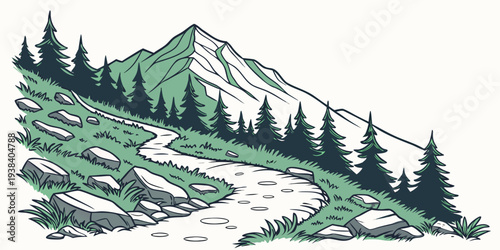 A serene mountain landscape with a winding trail and lush greenery Vector