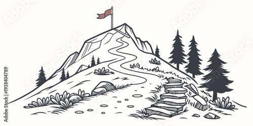 Majestic mountain peak with a flag on top surrounded by trees Vector