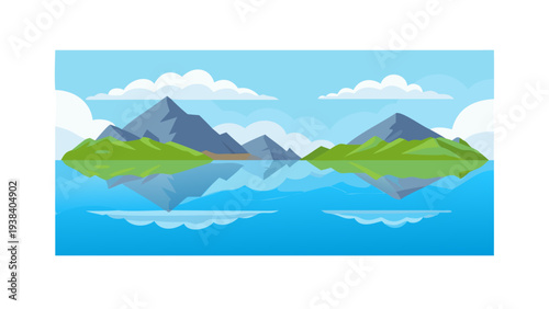 A serene landscape of two lush green islands surrounded by calm blue waters and a sky with fluffy white clouds. Vector