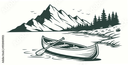 Two kayaks resting on the shore of a calm lake with a mountain backdrop Vector