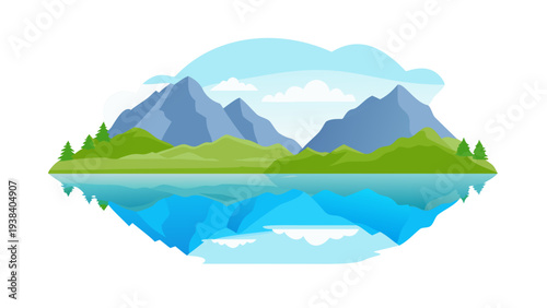 A serene landscape with a calm lake reflecting majestic mountains under a clear blue sky Vector