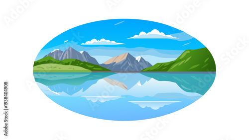 A serene landscape with mountains and a lake reflecting the sky and clouds Vector