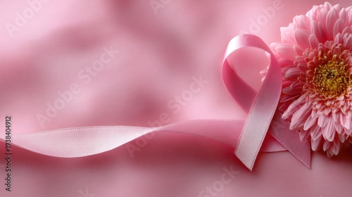 Pink ribbon and pink flowers are placed on a soft pink surface with room for text to promote awareness and health