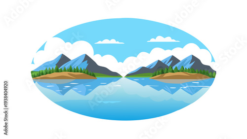 Majestic mountains reflected in a serene lake under a clear blue sky Vector