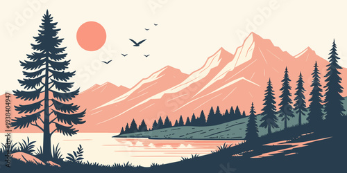 A serene mountain landscape with a pink sky and a calm lake reflecting the scenery. Vector