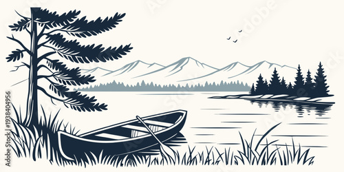 A serene landscape of tall pine trees standing beside a calm river with mountains in the distance Vector