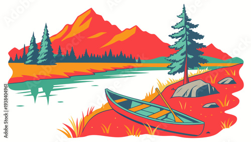 A vibrant landscape with mountains, trees, and a serene lake nestled in a lush forest. Vector