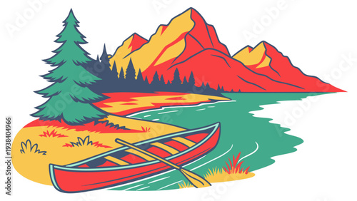 Colorful illustration of mountains, trees, and camping gear in a scenic outdoor setting. Vector