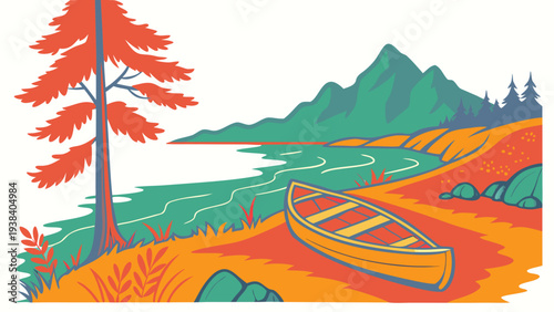 A vibrant landscape with a red tree and colorful rolling hills under a clear sky Vector