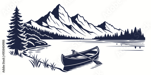 A serene mountain landscape with a lake and a canoe in the foreground. Vector