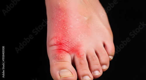 Close up of a red inflamed foot with dry flaky skin and cracked texture inflammation