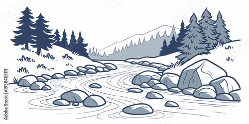 A serene winter landscape with a frozen river and snow-covered trees Vector