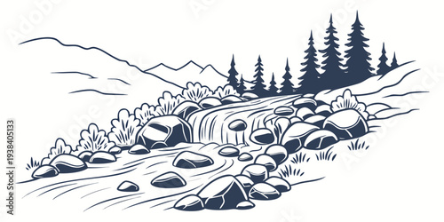 A serene landscape of a calm river flowing through a forest with mountains in the background Vector