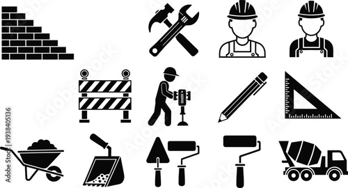 Construction Tools and Building Worker Icon Set with Engineering Equipment, Renovation Symbols, Contractor Elements, and Industrial Work Icons for Architecture and Development