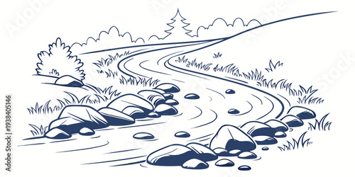 A serene river flows through a lush, green landscape with mountains in the background. Vector