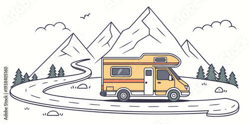 A vintage camper van parked in a scenic mountain landscape with snow-capped peaks. Vector