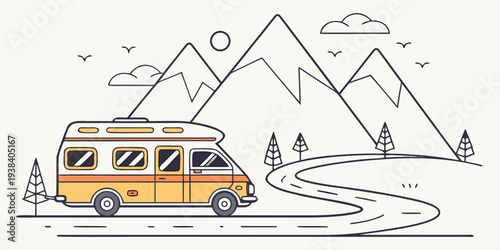 A vintage camper van parked by a scenic mountain road with snow-capped peaks in the background. Vector