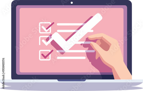 Finestra del browser dell'elenco di controllo. Segno di spunta. Segno di spunta bianco sullo schermo del laptop. Scelta, concetti di indagine. Elementi per banner web, siti web, vettoriale