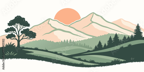 A serene landscape featuring mountains, trees, and a vast open field. Vector