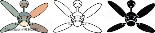 Ceiling fan silhouette & Outline and illustration set isolated on transparent background