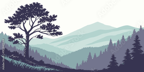 A majestic tree stands tall on a misty mountain peak overlooking a serene valley. Vector