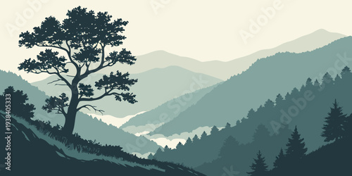 A majestic tree stands tall on a misty mountain peak overlooking a vast forest landscape. Vector
