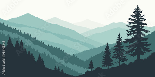 Majestic mountains covered in lush green trees under a soft blue sky Vector