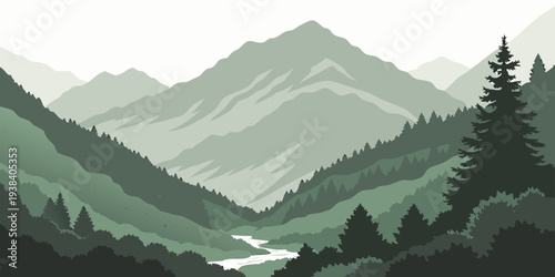 Majestic mountain range with lush green trees and misty valleys in the background Vector