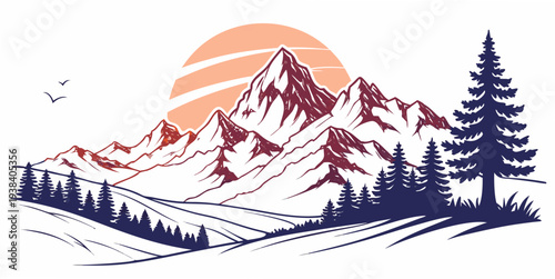 Majestic mountain landscape with snow covered peaks and pine trees under a blue sky Vector