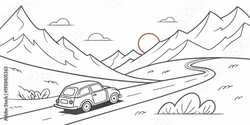 A scenic road trip through the mountains with a vintage car and a tent. Vector