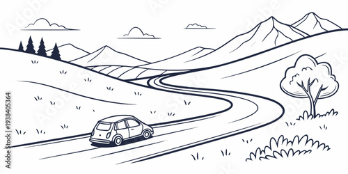 A scenic landscape with winding roads, mountains, and a small village nestled in the valley. Vector