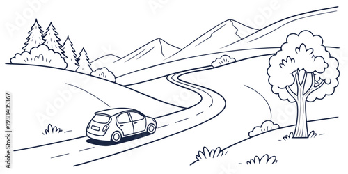 A vintage car navigating a winding mountain road with scenic peaks in the background Vector