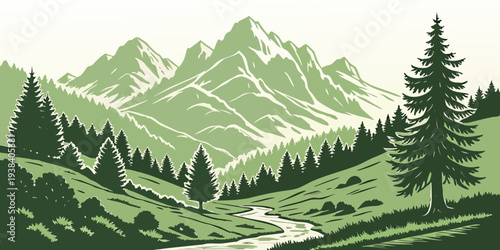 A serene landscape of lush green mountains and dense forests under a clear sky Vector