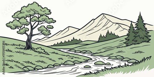 A serene landscape with trees and rolling hills under a clear sky. Vector