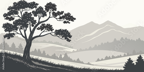 A serene landscape with a lone tree standing on a hill overlooking a vast valley. Vector