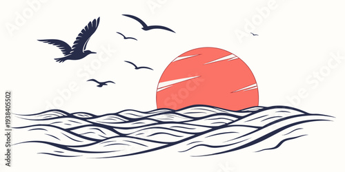A serene sunset over the ocean with seagulls flying in the distance Vector