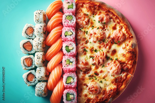 Food composition: half a circle consists of sushi rolls, the other half of pizza. Symbolizing the dilemma of choice. Culinary diversity and modern food delivery culture.