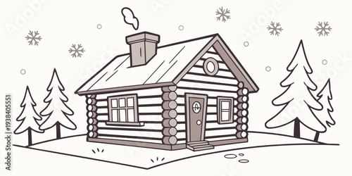 A charming winter scene with a cozy log cabin surrounded by snow-covered trees. Vector