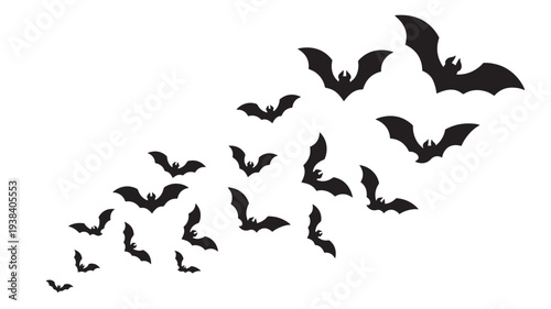 Bats flying silhouette set with spread wings in dynamic motion... featuring flock, swarm, wing with creature and animal elements for night, dark