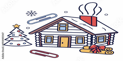 A charming house with a chef hat on the roof, surrounded by snow and trees. Vector