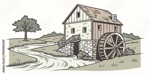 An old, dilapidated farmhouse surrounded by a barren landscape with a stormy sky. Vector