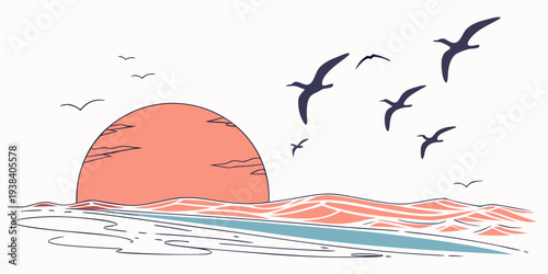 Birds flying over a serene beach with a large rock formation Vector